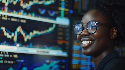 Leinwandbilder - Young African woman trader smiling on happy face looking on screen with valued stock market chart at high profit Concept of exchange investment online in trading application on pc Tast : Generative AI