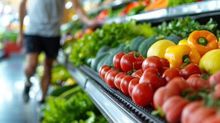 Wall Mural - Close-up of fresh vegetables including tomatoes, bell peppers, and greens on display in a grocery store.