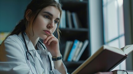 Aufkleber - Medical student thinking or writing books in research education wellness studying or hospital learning Laptop nurse or healthcare woman and notebook technology or scholarship medicine  : Generative AI