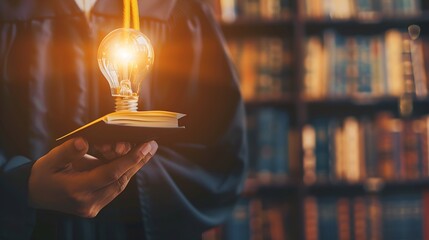 Leinwandbilder - Man hand holding lightbulb with learning educate and graduation concept study knowledge to creative thinking idea and problem solving solution Elearning online education course degree  : Generative AI