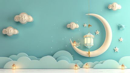 Poster - Islamic decoration background with crescent moon, lantern cartoon style, ramadan kareem, eid al fitr, copy space text area, 3D illustration, banner, podium