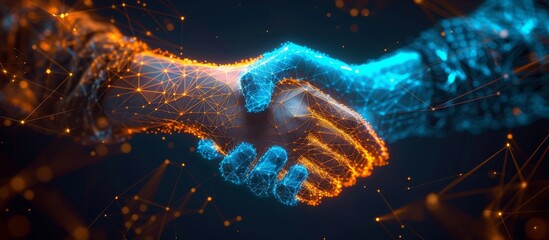 Dynamic polygonal handshake with glowing tech elements symbolizes modern cooperation. Futuristic design sparks innovation and collaboration! 🤝💡