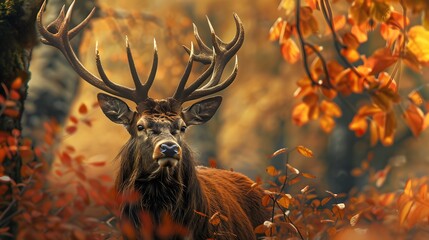 Wall Mural - Portrait of majestic red deer stag in Autumn Fall. 