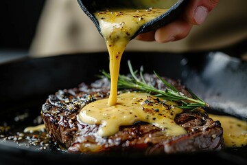 Canvas Print - Adding bearnaise sauce to steak