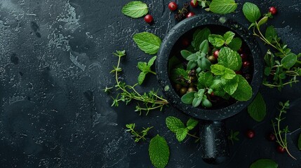 Wall Mural - Organic herbs and berries in mortar and pestle on black background mint peppermint thyme leaves