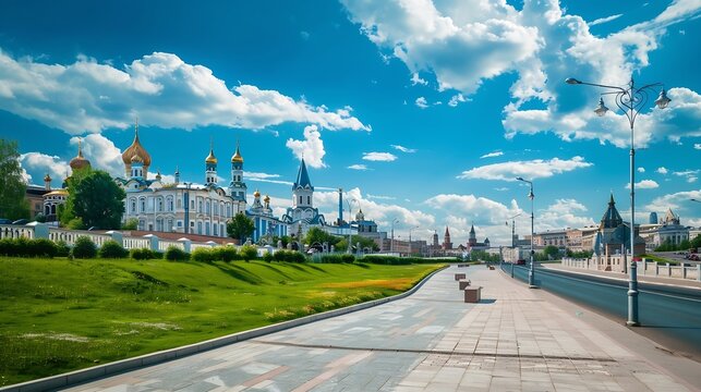 Kazan view Russia Scenery of nice green streets in old Kazan town landscape of city center skyline with sky background in summer Concept of urban landscaping travel in Kazan and Tatars : Generative AI