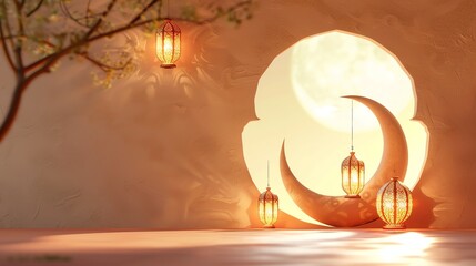 Poster - Islamic decoration background with crescent moon, lantern cartoon style, ramadan kareem, eid al fitr, copy space text area, 3D illustration, banner, podium