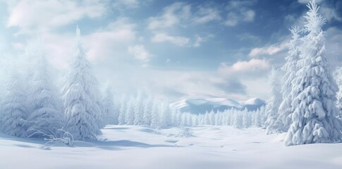 Wall Mural - winter background images featuring snow - covered trees and a blue and white sky, with a dark shadow in the foreground