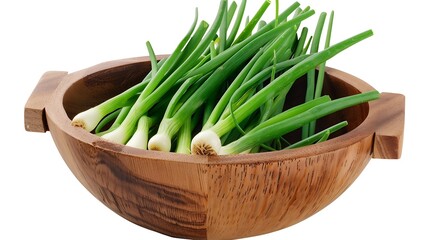 Aufkleber - Green onion in wooden bowl isolated on the white background Top view Flat lay : Generative AI