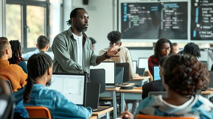 Aufkleber - Knowledgeable Teacher Giving a Lecture About Software Engineering to a Group of Smart Diverse University Students International Undergraduates Sitting Behind Desks with Computers : Generative AI