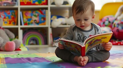 Poster - Infant sitting on a playmat and reading a coloful childrens book Toddler boy enjoying a book at nursery daycare or kindergarten while sitting A child with educational toys Early develo : Generative AI