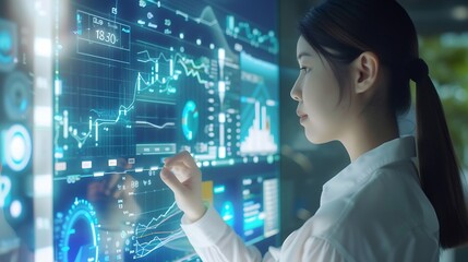 Aufkleber - Analyst woman working with information database to analyze marketing and sales data Business analytics dashboard with charts metrics and KPIs concept : Generative AI