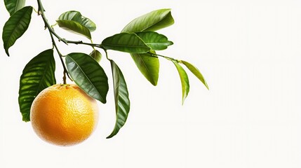 Poster - Fresh orange fruit hang on tree branch with green leaves isolated on white background : Generative AI