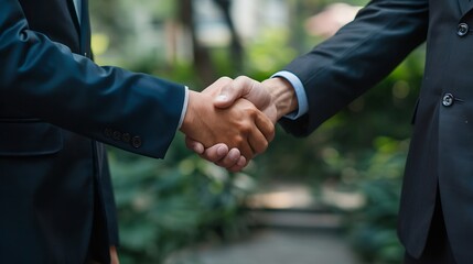 Aufkleber - closeup of two men in business suits shaking hands likely concluding a discussion or agreement possibly in fields such as stock market investment law or real estate : Generative AI