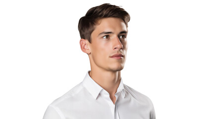 Poster - Portrait of young handsome businessman looking away with smile on face, isolated on transparent background