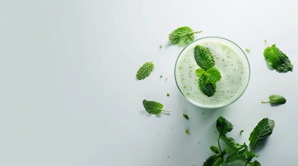 Poster - smoothie with mint glass of Natural plant based Pistachio milk with green mint on the white background Healthy diet Natural product Alternative milk copy space : Generative AI