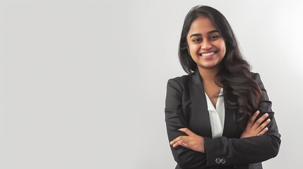 Aufkleber - Crossed arms smile and portrait of businesswoman in a studio with positive and confident attitude Happy professional and young Indian female corporate lawyer attorney isolated by white : Generative AI