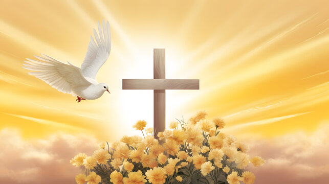 With pigeon in front of a white crucifix. Pentecost concept.