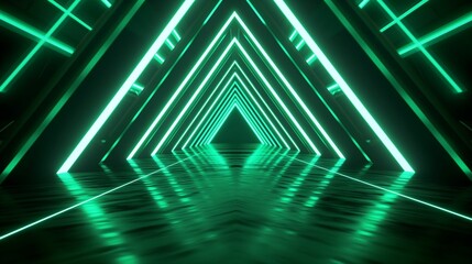 Wall Mural - Abstract digital art of a neon green futuristic tunnel with geometric patterns and reflective surfaces.