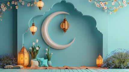 Wall Mural - Islamic decoration background with crescent moon, lantern cartoon style, ramadan kareem, eid al fitr, copy space text area, 3D illustration, banner, 