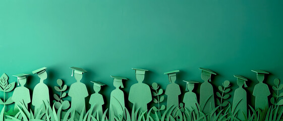 Sticker - Paper cut out graduation ceremony with graduates in caps and gowns, green background,