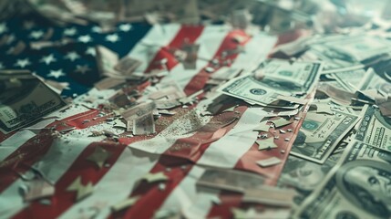 Leinwandbilder - US financial system American stock market crisis Arrows down near US flag Franklin with dollar bills Monetary policy of united states American financial market US Investment crisis : Generative AI