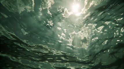 Aufkleber - Underwater view looking up through the surface of the water at the sun and clouds with water ripples and texture : Generative AI