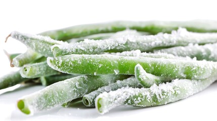 Poster - Deep freezing of vegetables Frozen food vegetables Frozen green beans frozen bunch of cut string beans isolated on a white background : Generative AI