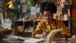 © The Little Hut - Young African American craftswoman watching online educational video and making notes in copybook while sitting by workplace in craft shop : Generative AI