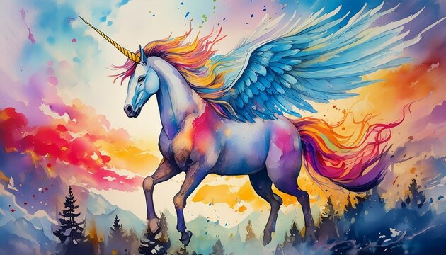 a unicorn with blue wings, and colorful feathery mane, in the style of watercolor illustrations, light violet and light red, dark pink and yellow, dripping paint, full body, angura kei, bright 
