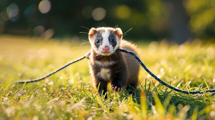 Wall Mural - Pet ferret on leash walking on grass