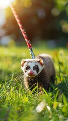 Wall Mural - Pet ferret on leash walking on grass