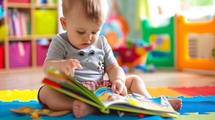 Poster - Infant sitting on a playmat and reading a coloful childrens book Toddler boy enjoying a book at nursery daycare or kindergarten while sitting A child with educational toys Early develo : Generative AI