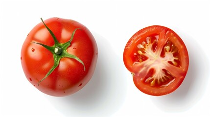 Poster - Top view of fresh tomatoes whole and half cut isolated on white background : Generative AI