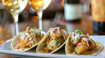 Wall Mural - Miniature fish tacos with a zesty citrus slaw accompanied by a light and bright chardonnay.