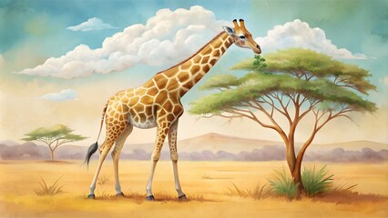 Giraffe Reaching for Leaves in African Savanna