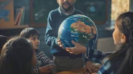 Science world and students learning about the earth with a teacher at school for growth or development Geography globe or planet with a man teaching kids about climate change or global : Generative AI