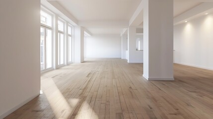 Poster - An empty interior space featuring a bright room with natural wooden flooring white walls and a minimalist aesthetic : Generative AI