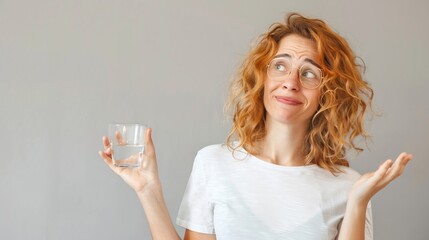 Poster - middle age pretty woman shrugging feeling confused and uncertain water glass : Generative AI