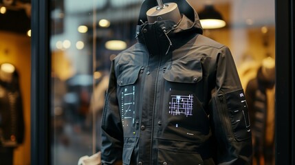 Wall Mural - Mannequin Displaying Futuristic Jacket in a Trendy Clothing Store Window