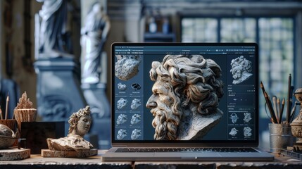 Wall Mural - Experience the digital evolution of sculpting with a laptop screen showcasing intricate textures and meticulous details by a model maker. Created with Generative AI.