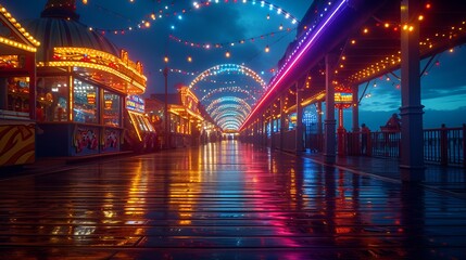 Wall Mural - Seaside boardwalk - ocean - arcade - ocean resort town - neon lighting at night 