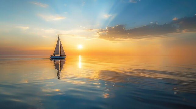 A sailboat glides on the sea at sunset with an orange sky and clouds