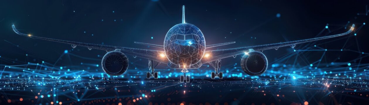Abstract digital aviation concept with a wireframe airplane and glowing blue lines