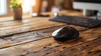 Sticker - Mouse and pen are on the wooden table while working