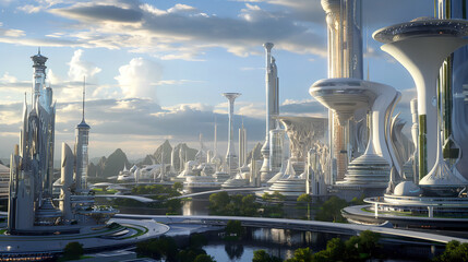 Future technology Green ecological sustainable energy city skyline