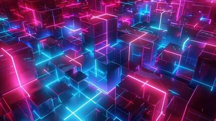 Wall Mural - Abstract cubic neon background, Generative IA