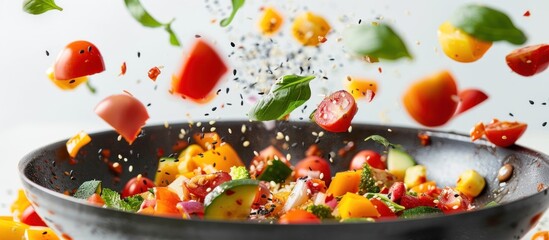 A bowl of vegetables is being tossed in the air