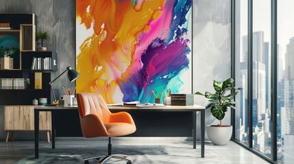 Wall Mural - Abstract Painting Desk: A modern desk showcasing a vibrant abstract painting as its centerpiece, surrounded by minimalistic decor