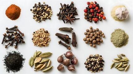 2. Produce a high-resolution image set featuring a variety of dried spices, expertly photographed against a neutral white backdrop. Perfect for enhancing cooking guides, spice catalogs, or any